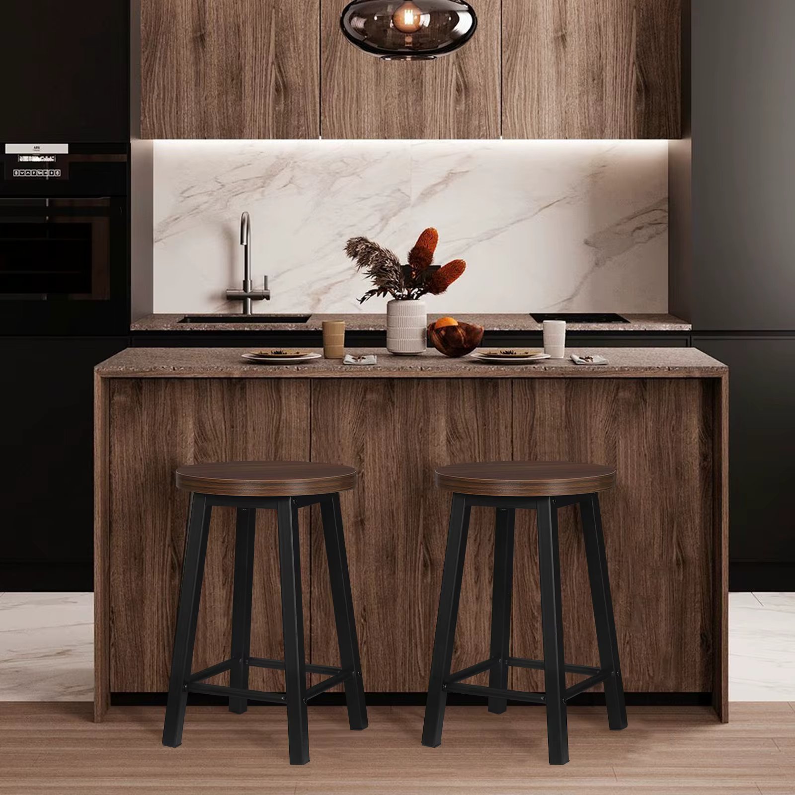 2PCS/Set Vintage Dining Room Chairs Retro Industrial Bar Stool Metal Wood Composite Kitchen Chairs for Restaurant Living Room