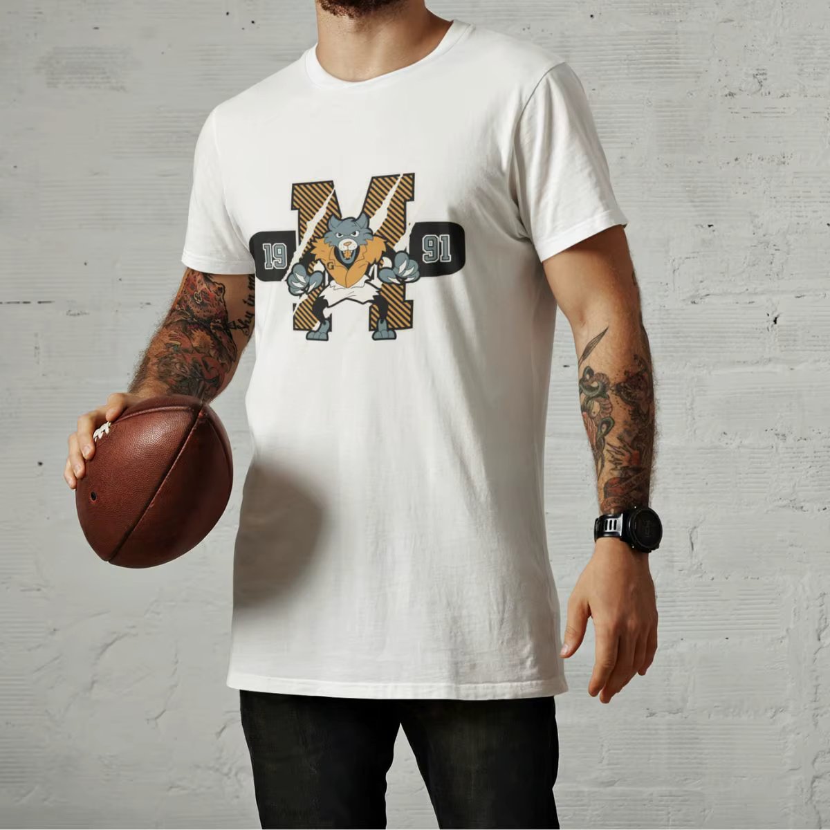 Men's T-shirt GuGi Printed Logo American Football Mascot Wolf Cakes 100% Premium Cotton