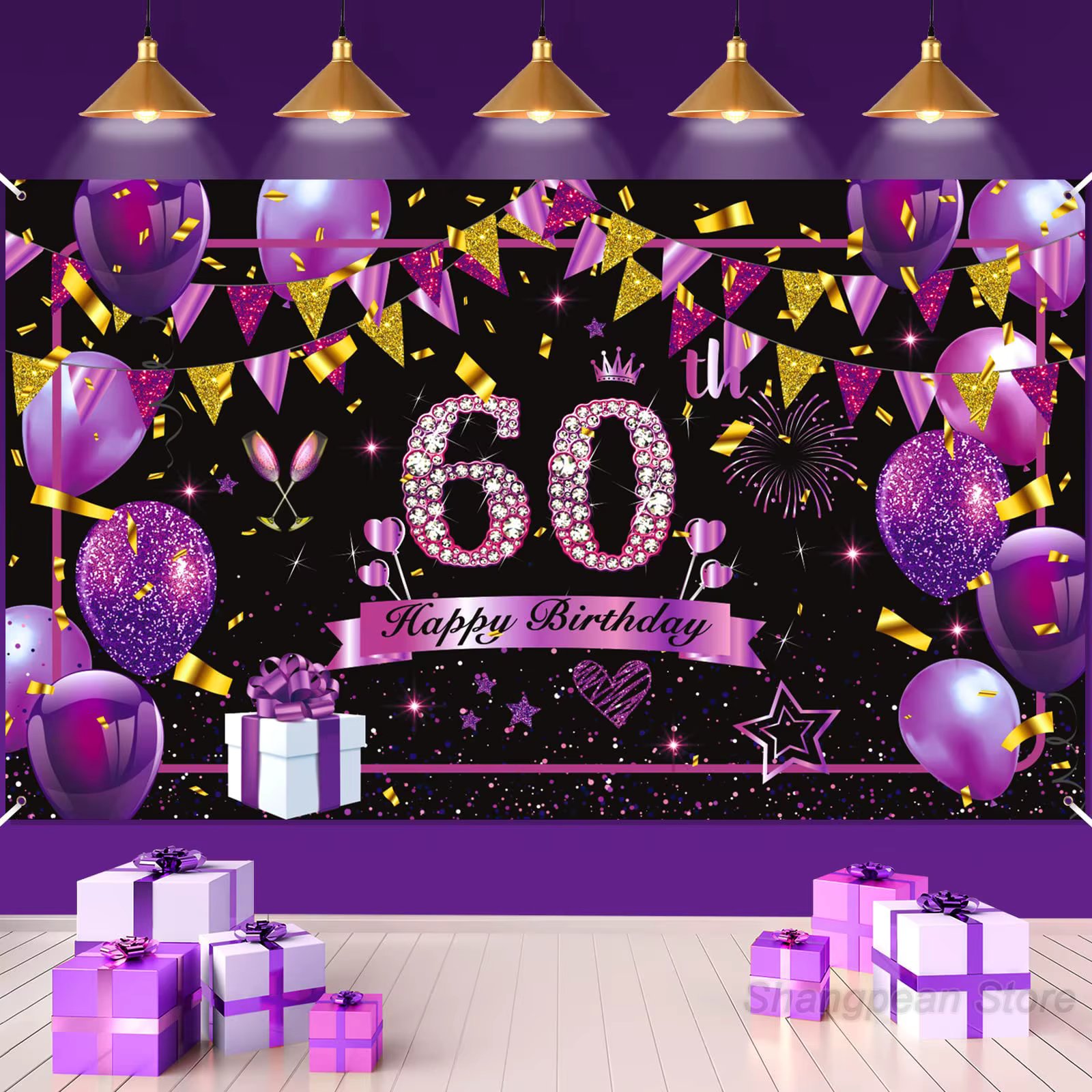 60th Birthday Decorations Banner Happy Birthday Sign Large Shiny Backdrop Background for Women Birthday Anniversary Party Suppli