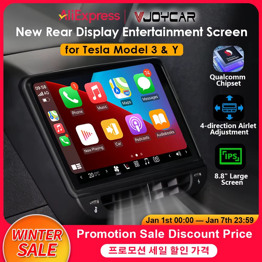 VJOYCAR Newest 8.8inch 4K HD Rear Display for Tesla Model Y 3 WIFI Entertainment Screen Qualcomm Chip 4-Direction Airlet Adjust