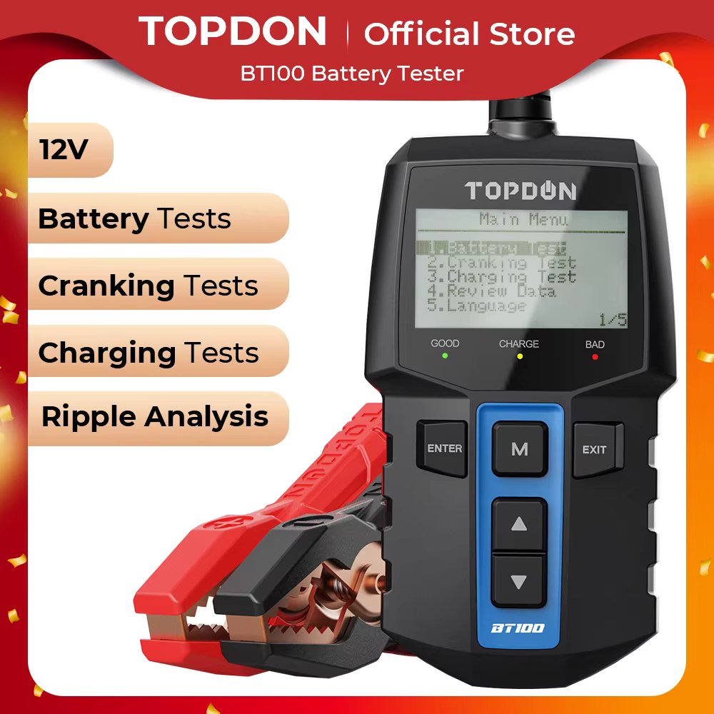 TOPDON BT100 12V Car Battery Tester Digital Automotive Diagnostic Battery Tester Analyzer Vehicle Cranking Charging Scanner Tool