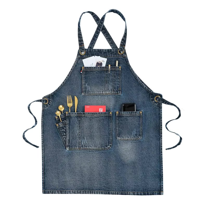 Thick Washed Denim Apron with Pocket Jean for Women Men Hair stylist  Barista coffee shop in  beautiful salon