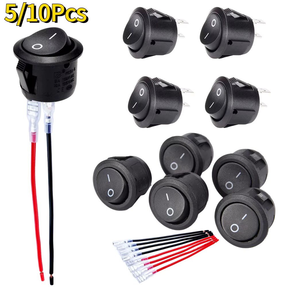 5/10Pcs ON/OFF Round Rocker Switch Mini Toggle Switch 2 Pin SPST Push Button Switch 12V 24V 20mm with Wires for Auto Car Boat RV