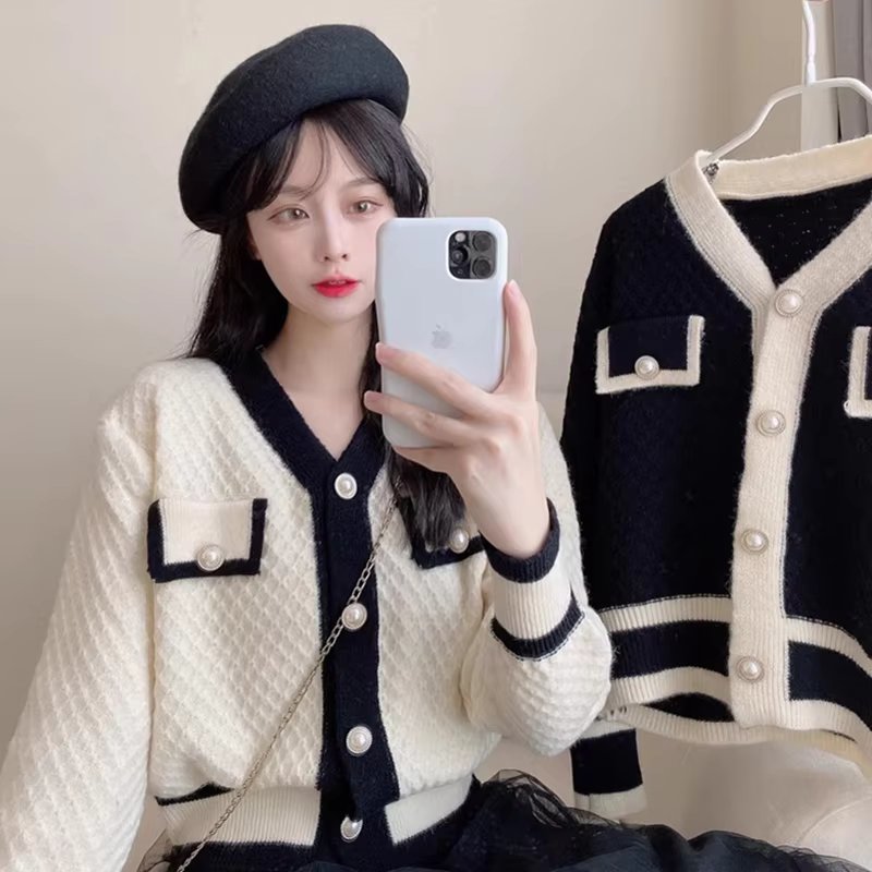 Spring and Autumn Kit V-neck Color Women Vintage Pearly Button Cardigun Oo CD0674