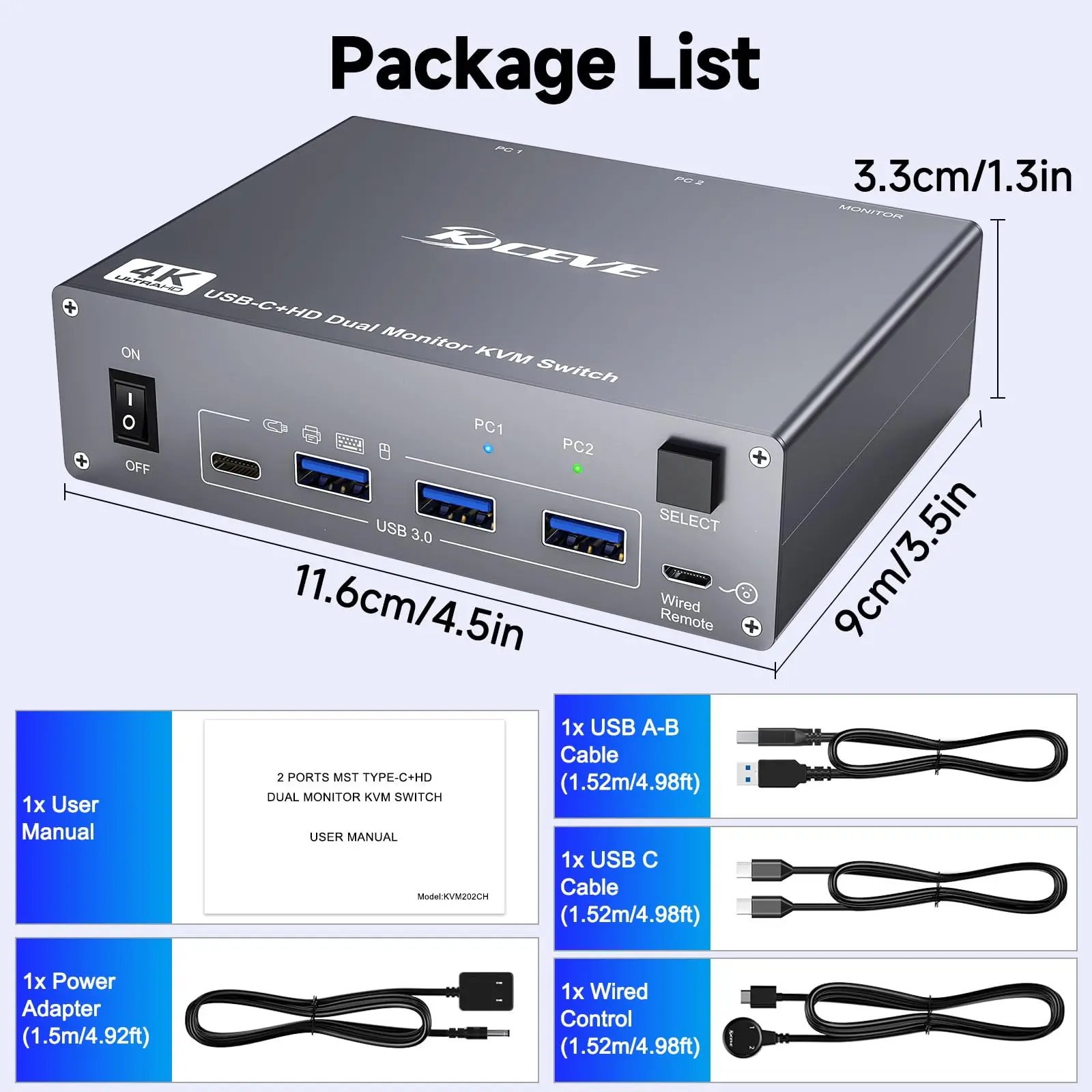 100W USB C KVM Switch 4K@60Hz, USB C HDMI Dual Monitor KVM Switch for 1 PC and 1 Laptop Sharing 2 Monitor and 4 USB3.0 Devices