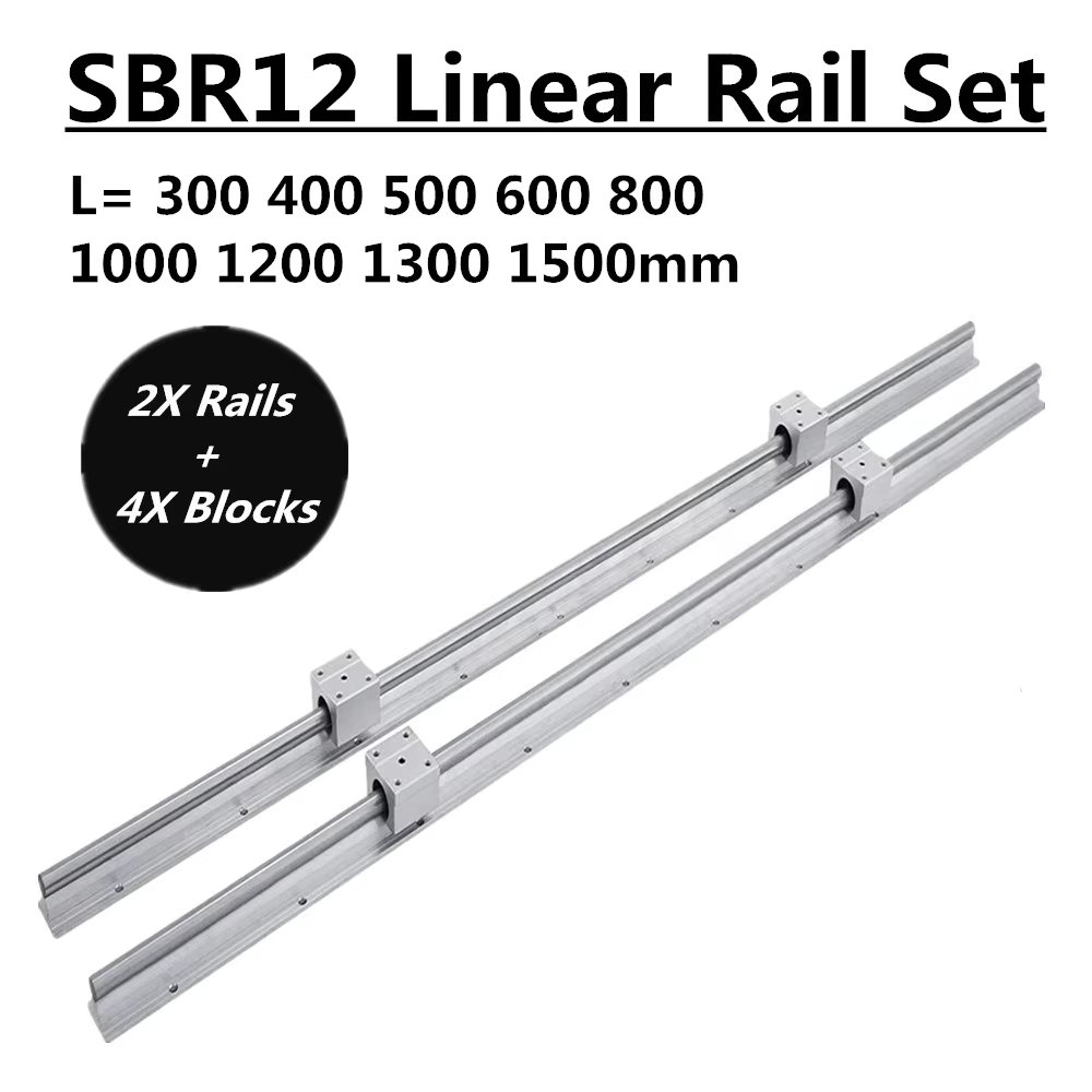 2Set SBR12 300 400 500 600 800 1000 1200 1300 1500mm Fully Supported Linear Rail Slide Shaft Rod With 4Pcs SBR12UU Bearing Block