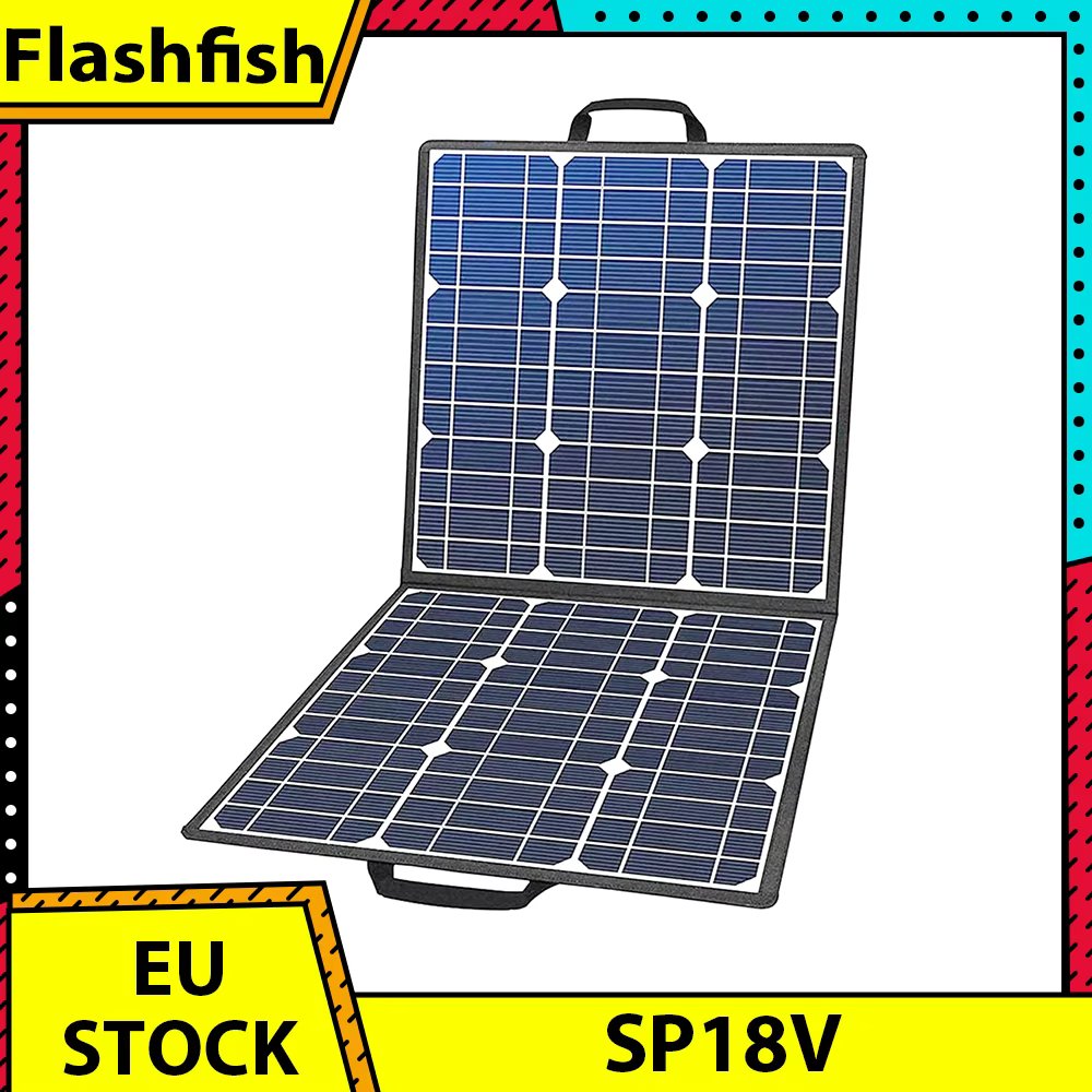 Flashfish SP18V 100W Portable Solar Panel 4-in-1 Connector Double USB Outputs Portable & Foldable Compatible with Most Power Sta