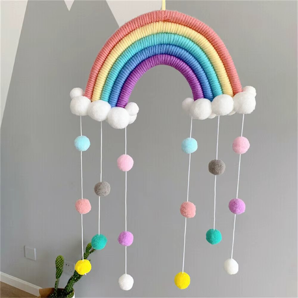 Hand-woven Five Strands Rainbow Clouds Hanging Decoration Colorful Pom Pom Felt Ball Tassel Wall/Window Hanging Decoration Craft