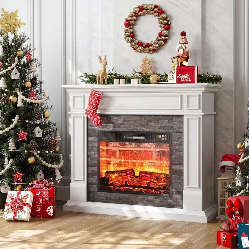 44 Inch Electric Fireplace with Mantel, Tall Fireplace Heater Freestanding, Realistic Stacked Stone Surround with Remote Co