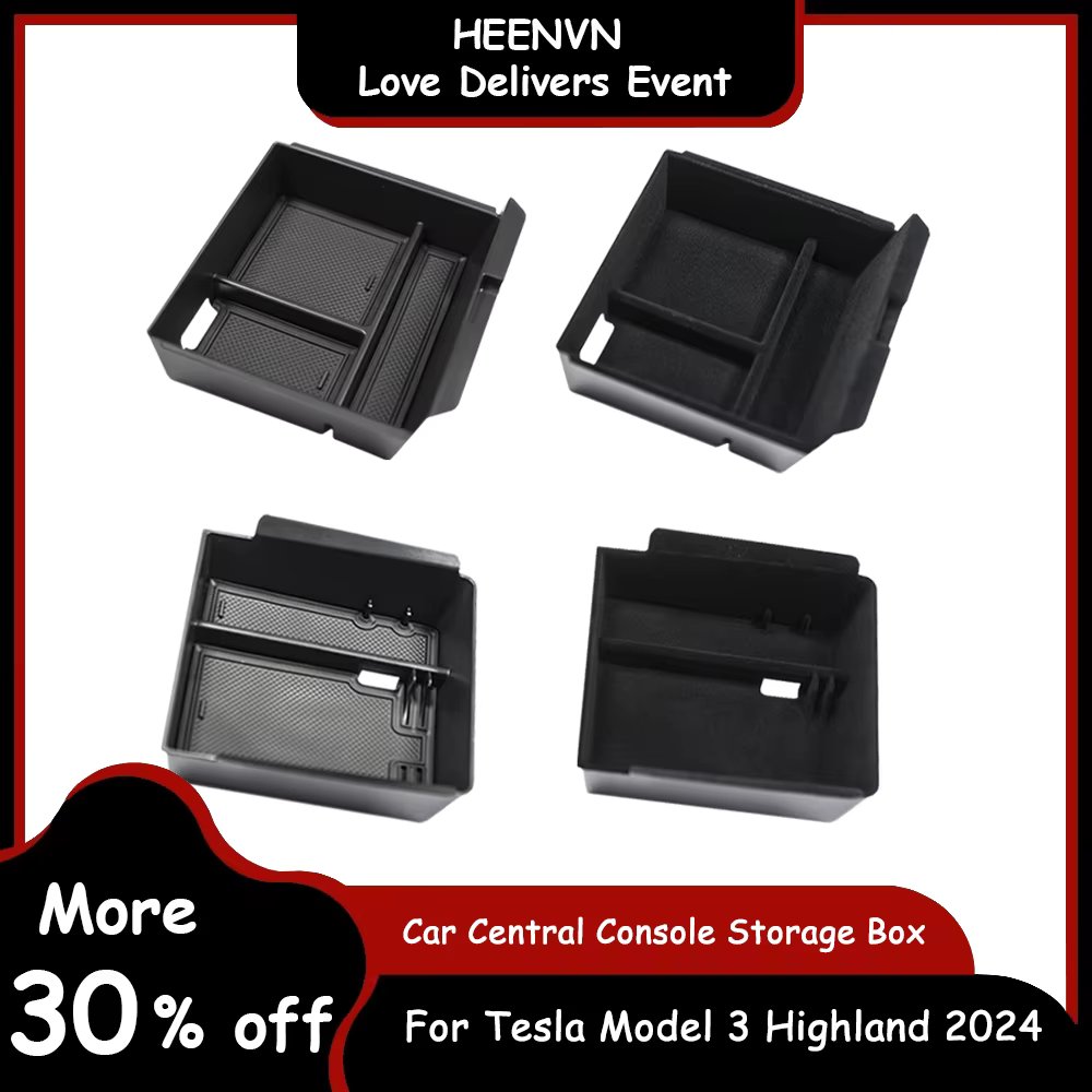 For Tesla Model 3 Highland 2024 Center Console Armrest Storage Box Organizer Central Cover Flocking ABS Interior Accessories