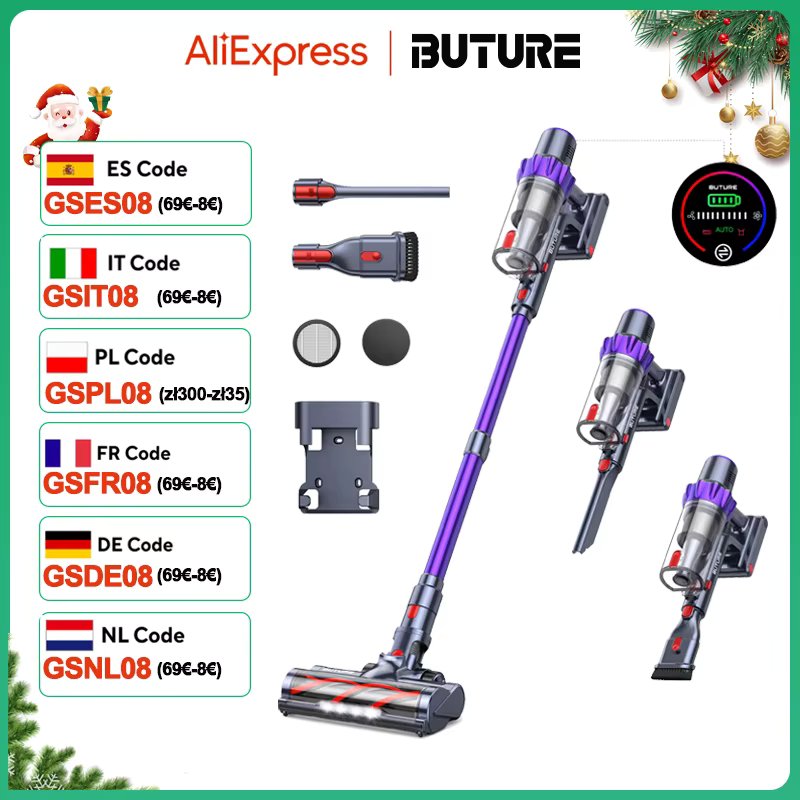 BUTURE 48Kpa 500W Handheld Cordless Vacuum Cleaner Automatically Adjust Suction 1.5L Dust Cup for Pet Hair/Carpet/Hard Floor