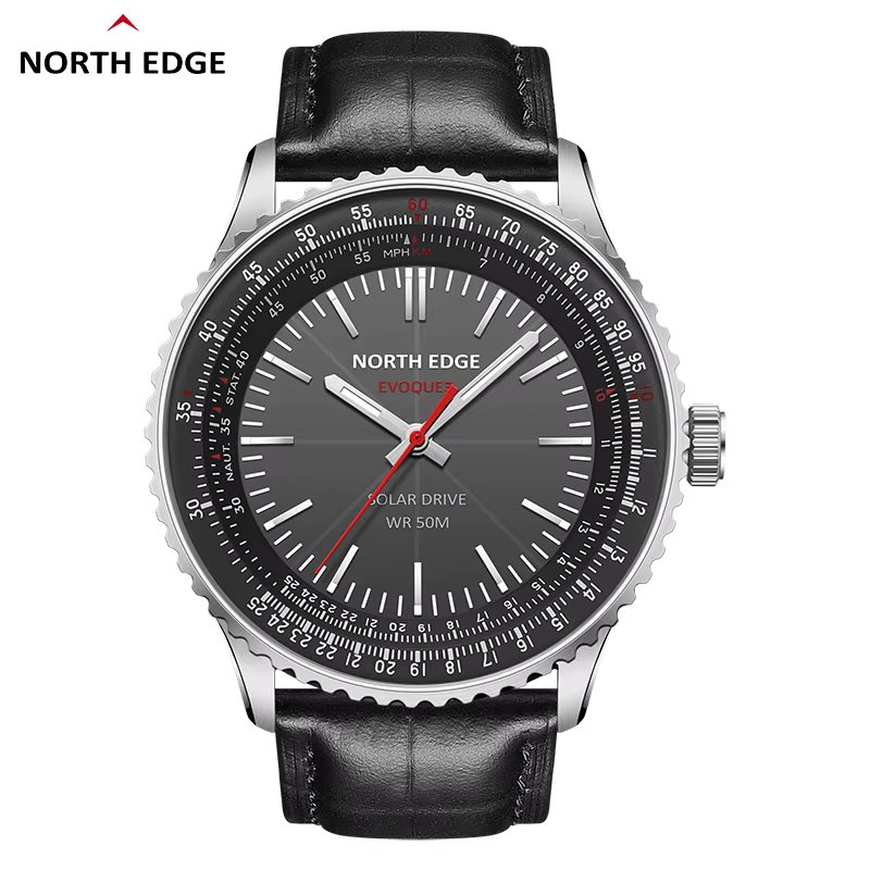 NORTH EDGE EVOQUE 3 Pilot Series Watch For Men Aviation Military Solar Powered Watch Leather Strap Luminous Stainless Steel Case