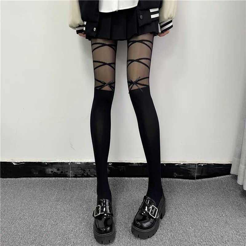 JK Lolita Women Stockings Ultra-thin Bowknot Straps Cute Girls Long Tights Socks Black/White Y2k Sexy Lingerie Silk Stockings #4