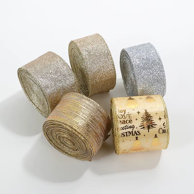 2m 2025 Christmas Ribbon Golden Silver Champagne Polyester Gliter Ribbon DIY Xmas Tree Bow Gifts Packing Navidad Home Decoration