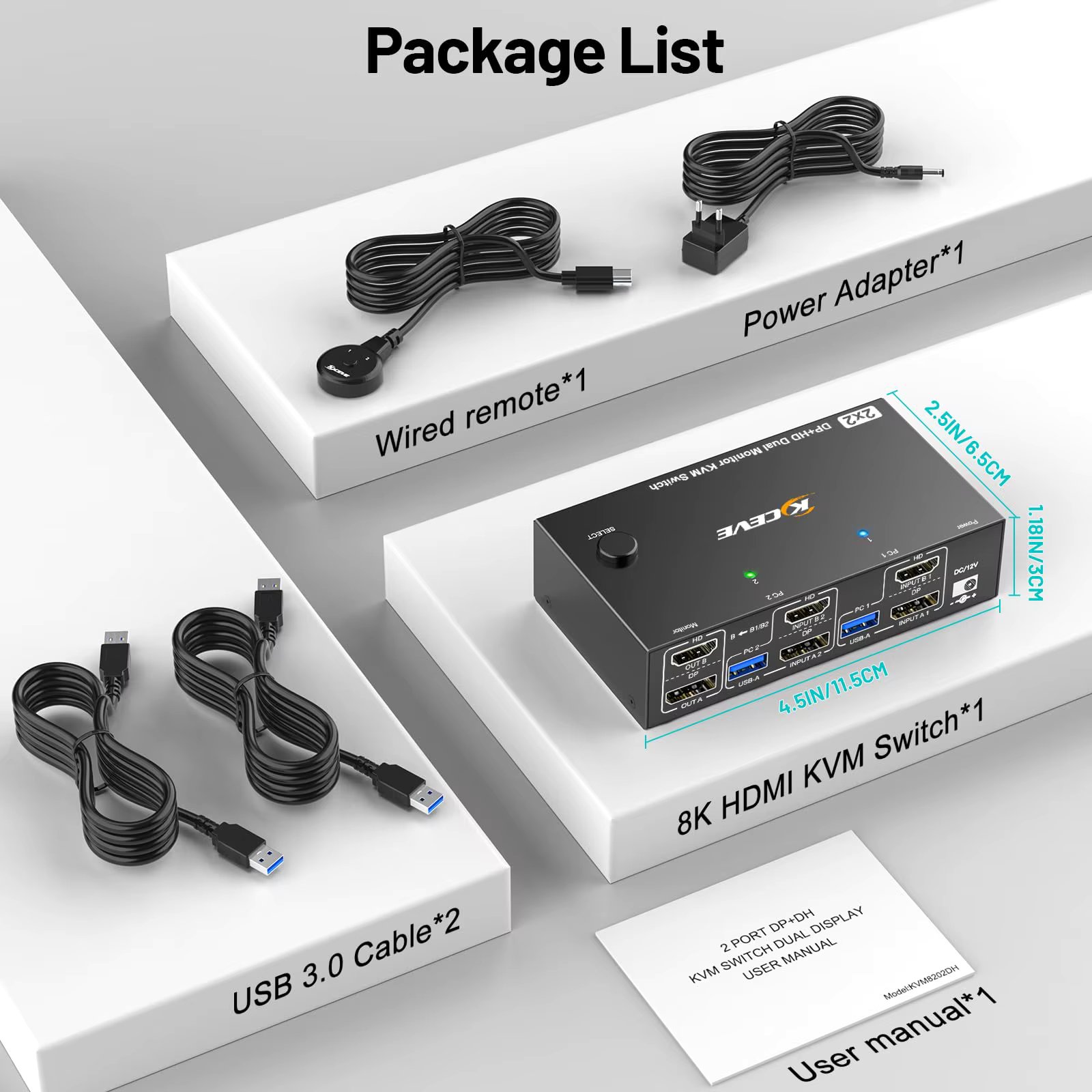 4K@144Hz KVM Switch 2 Monitors 2 Computers 8K@60Hz,HDMI +Displayport Dual Monitor with 4 USB 3.0 Port for Keyboard Mouse Printer