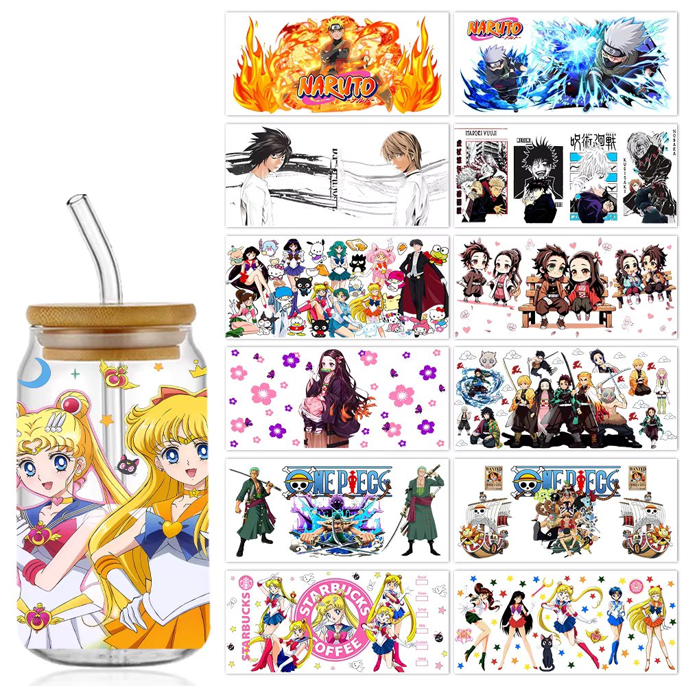 Japan Anime 16oz UV DTF Wraps Transfer Sticker DIY For Libbey Glass Cup Waterproof Wrap Transfers Decals Sailor Moon Demon Slaye