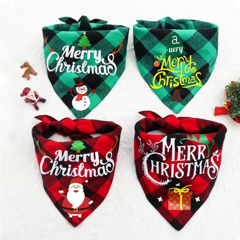 Pet Bandanas Plaid Dog Collar Washable Saliva Towel for Small Dogs Chihuahua Marry Christmas Cat Costume Large Dog Accessories