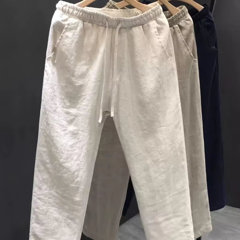 Spring Autumn New Fashion Cotton Hemp Solid Color Elastic Men's Clothing Waist Casual Pocket Drawstring Simplicity Straight Pant
