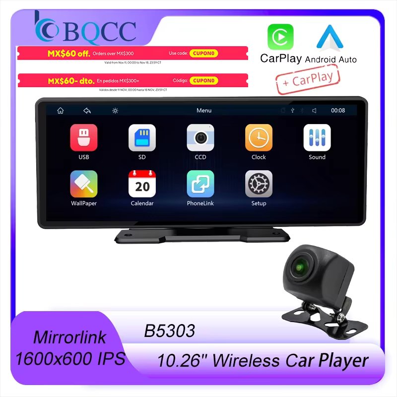 BQCC 10.26" MP5 IPS Screen Car Player Mirrorlink BT FM Radio USB Audio output Wireless Carplay Android auto Car Stereo B5303