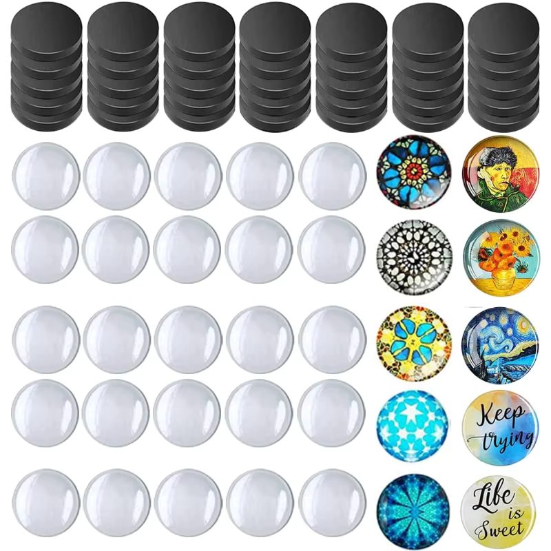 50Sets DIY Magnets Glass Ceramic Ferrite Magnet with Adhesive Backing and Transparent Clear Glass Cabochons for Craft Fridge
