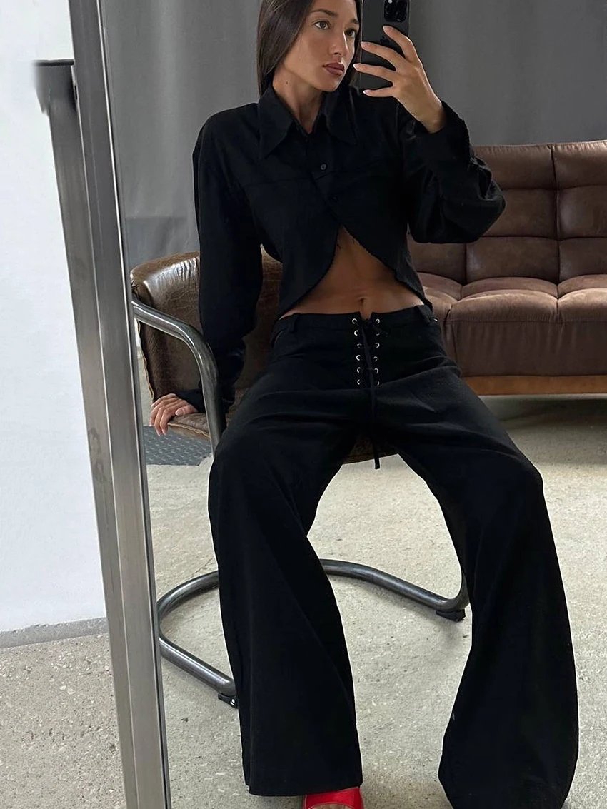 Marthaqiqi Fashion Female Nightgown Set Long Sleeve Pajamas Turn-Down Collar Sleepwear Crop Top Nightie Pants Women Pyjamas Suit