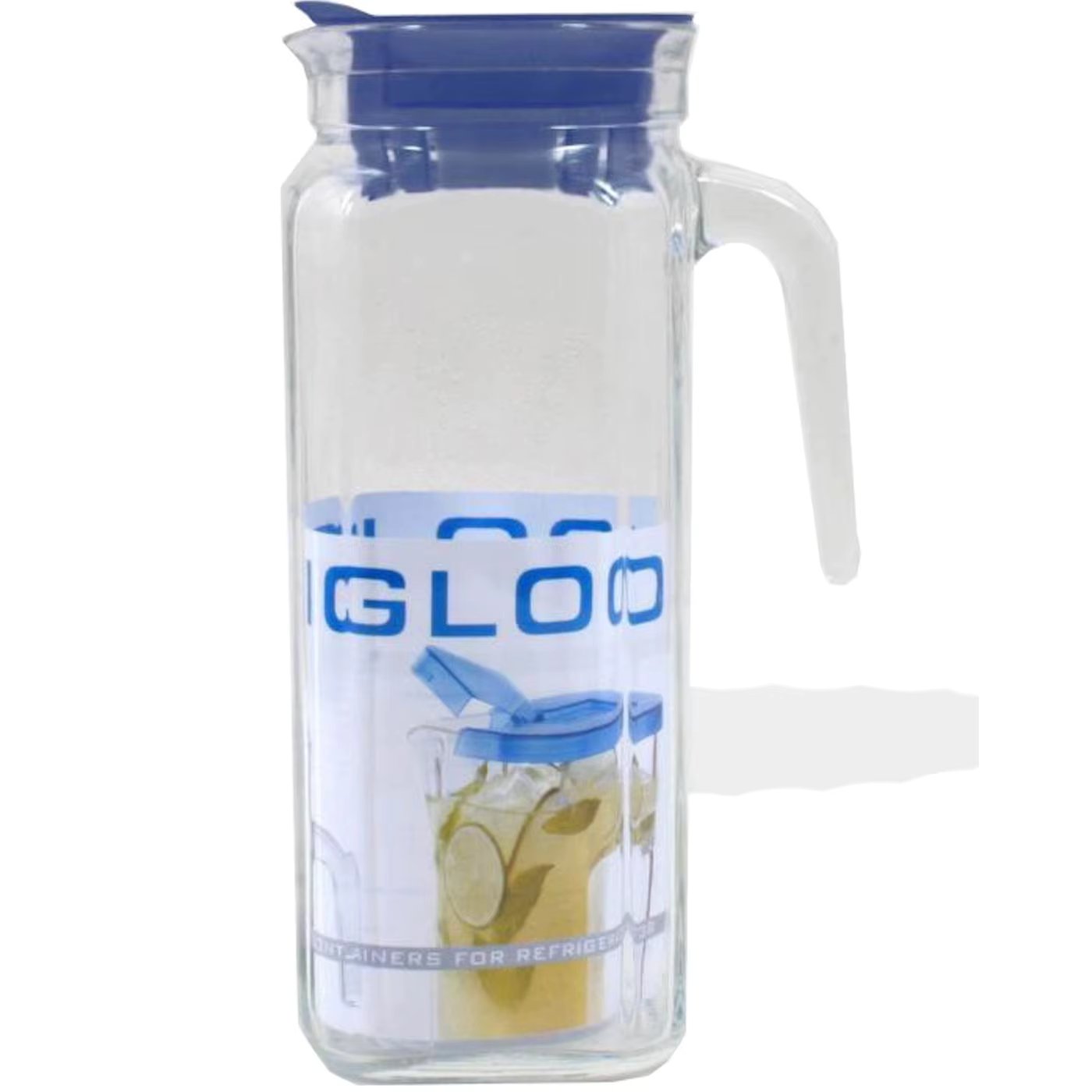 Square jug "igloo" with capacity of 1,2 liters and 23x12x8,5 cm with blue lid. Storage container