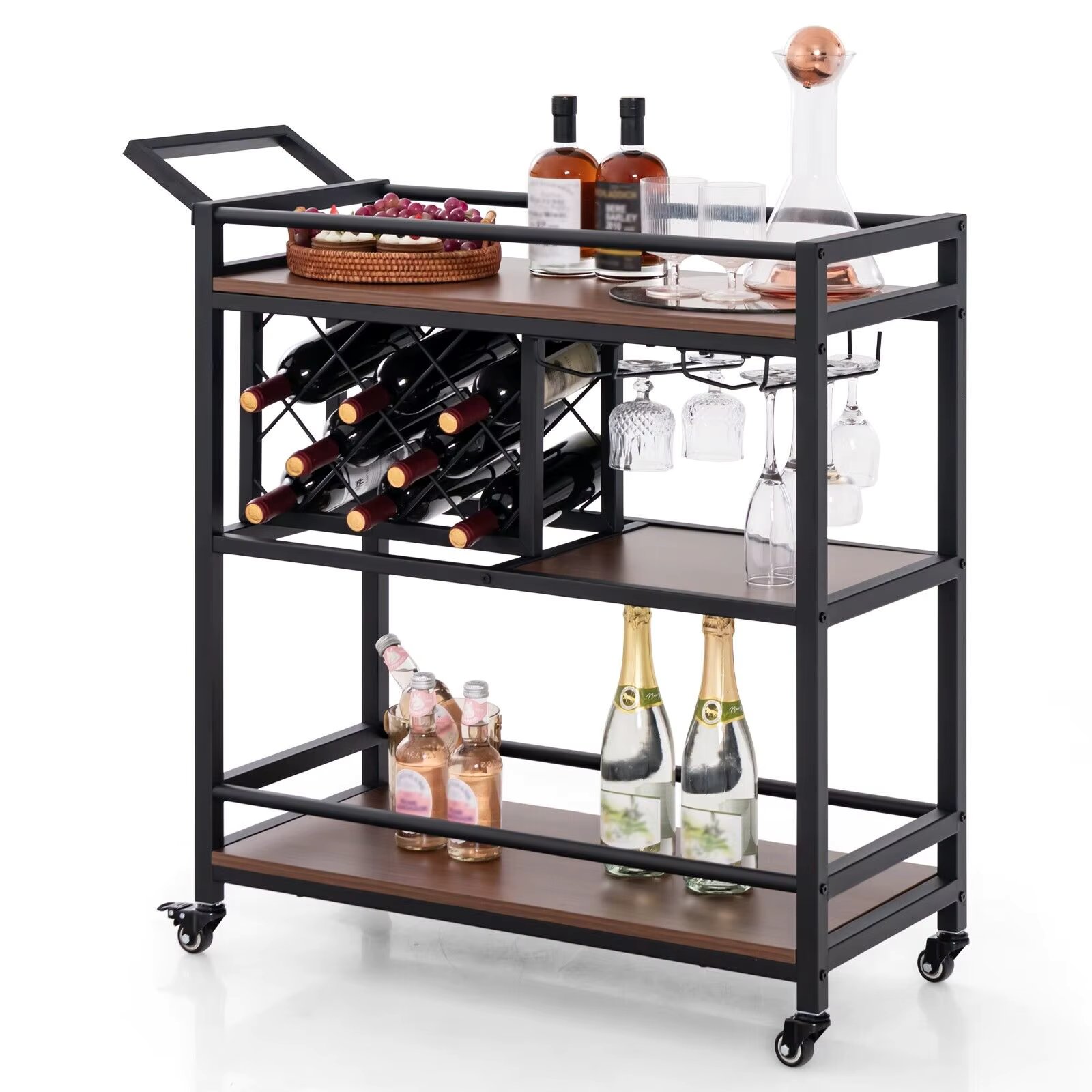 GOFLAME 3-Tier Bar Cart Industrial Serving Cart Kitchen Rolling Cart w/Wine Racks