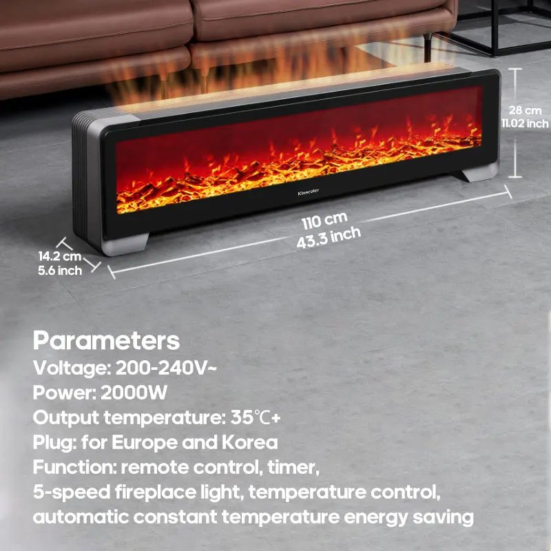 KINSCOTER Baseboard Heater 2000W Electric Space Convector Heater Realistic Simulated Fireplace Lighting Auto Thermostatic