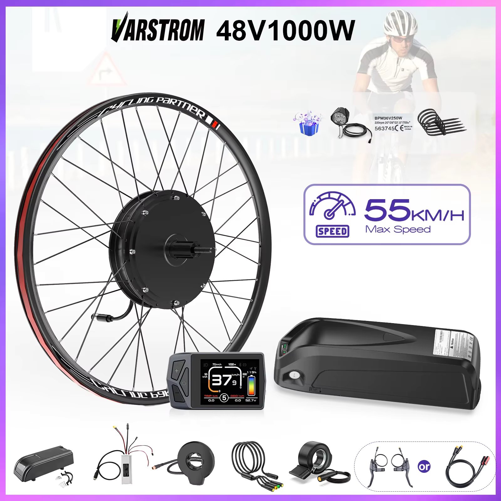 Varstrom 48V1000W Hub Wheel Motor kit de conversion bicicleta electrica Powerful EBike Engine With 19.2Ah 20Ah Lithium Battery