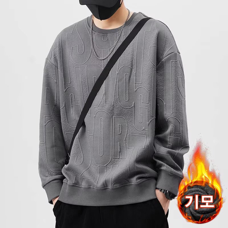 Trend In Men's three-body Lettering Embossed Long-sleeved T-shirt TS3208 Round Man-to-Man Winter Loose Embossed Pattern