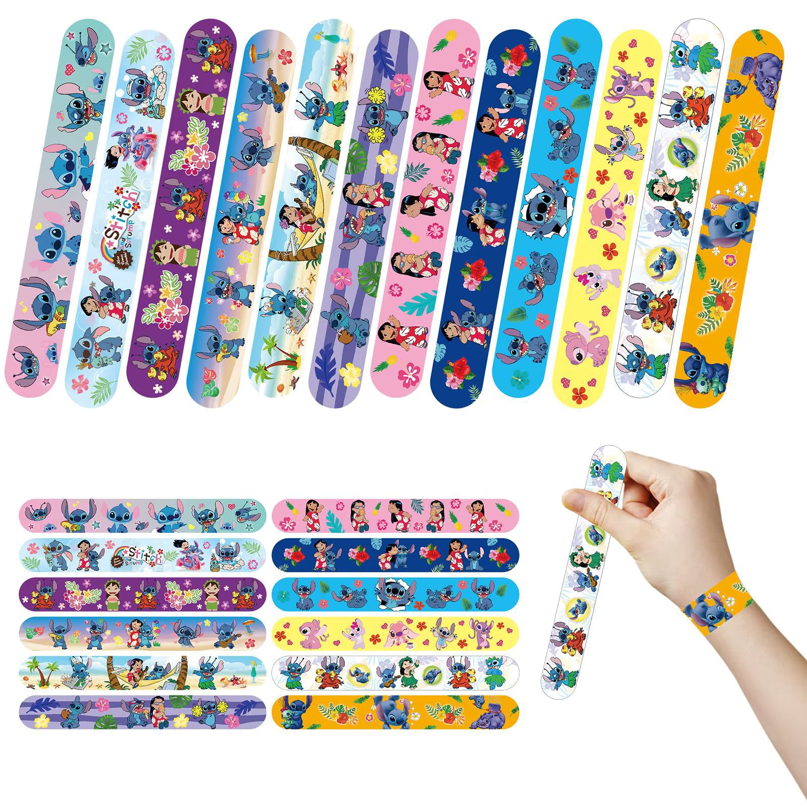 12pcs  Disney  Lilo &Stitch Slap Bracelets for Kids Colorful Bulk Wristbands Birthday Party Decoration Girls Boys Party Gifts