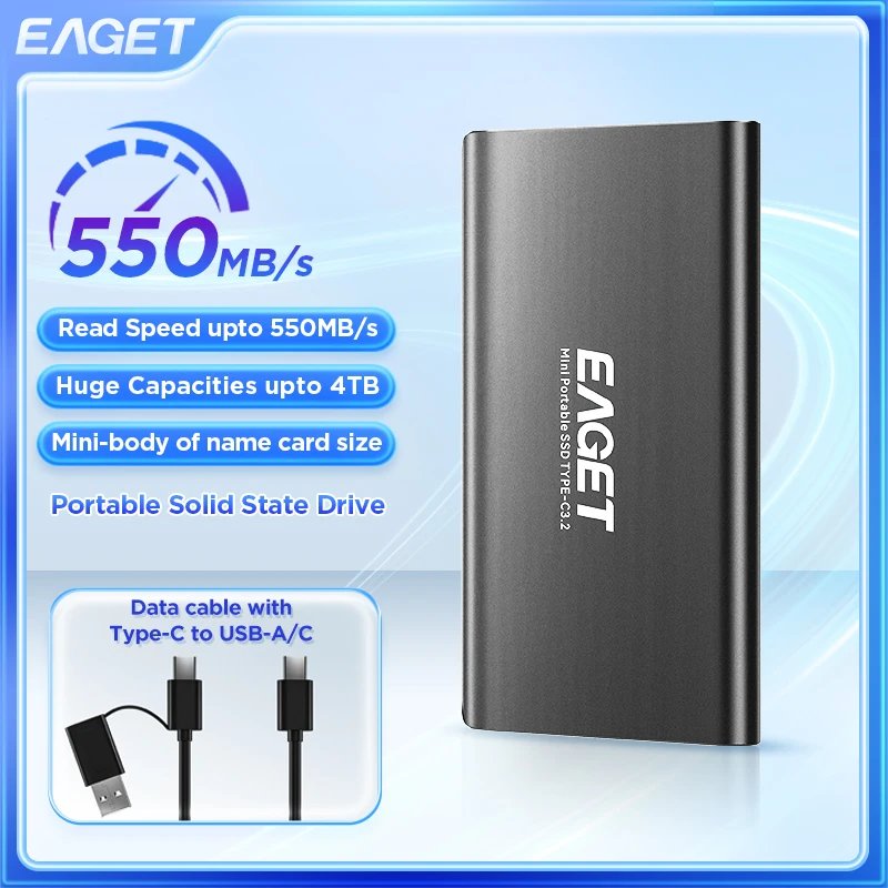 Eaget NVMe External SSD 256GB  512GB 1TB 2TB Hard Drive 5Gbs Type C USB 3.2 RGB Portable Hd Solid State Disk for Laptops PC Mac