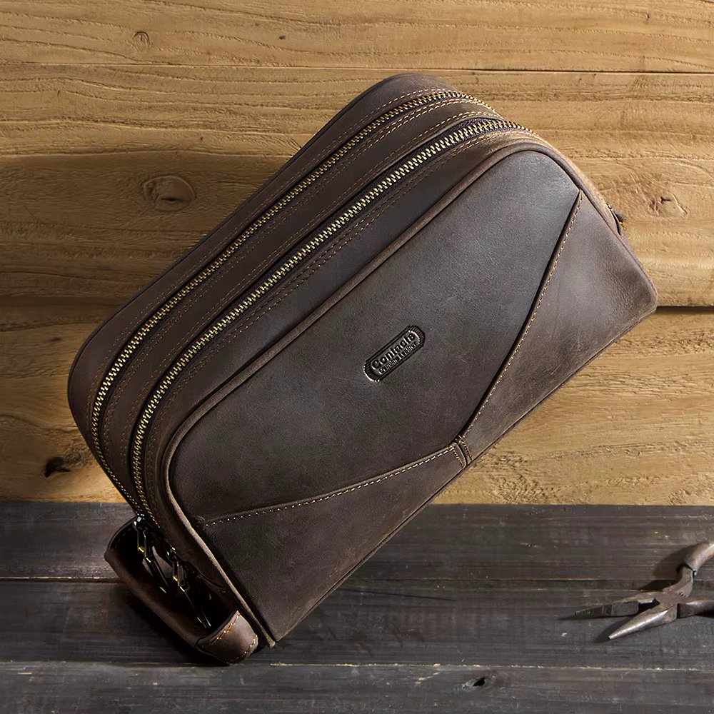 Vintage Crazy Horse Leather men cosmetic Case makeup bag travel toiletry hand-held make up wash bags Double Zipper man organizer