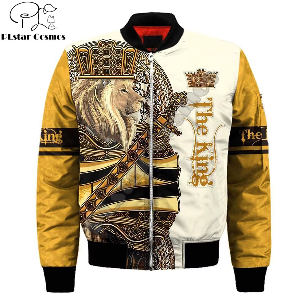 Autumn/Winter Men Bomber Jacket Beautiful King Lion Yellow Poker Printed 3d Zip Tracksuits coat Unisex Casual Zipper Jacket WP10