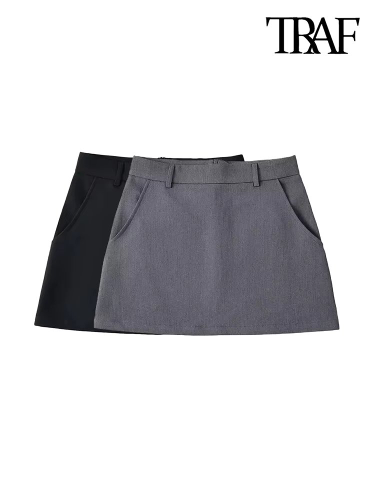 TRAF-Women's Solid Mini Skirt with Pockets, High Waist, Back Zipper, Female Skirts, Chic Fashion