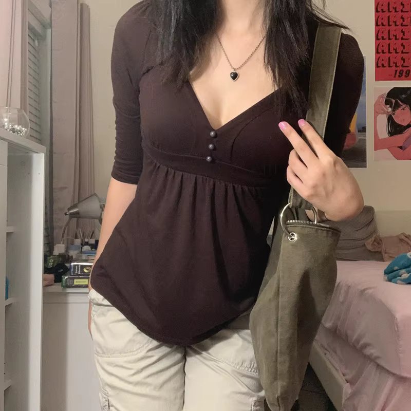 Elegant Lady Casual T-shirt Vintage Brown Button V Neck Slim Pullovers Tees Y2K Aesthetic Grunge Top Women Holiday Clothes