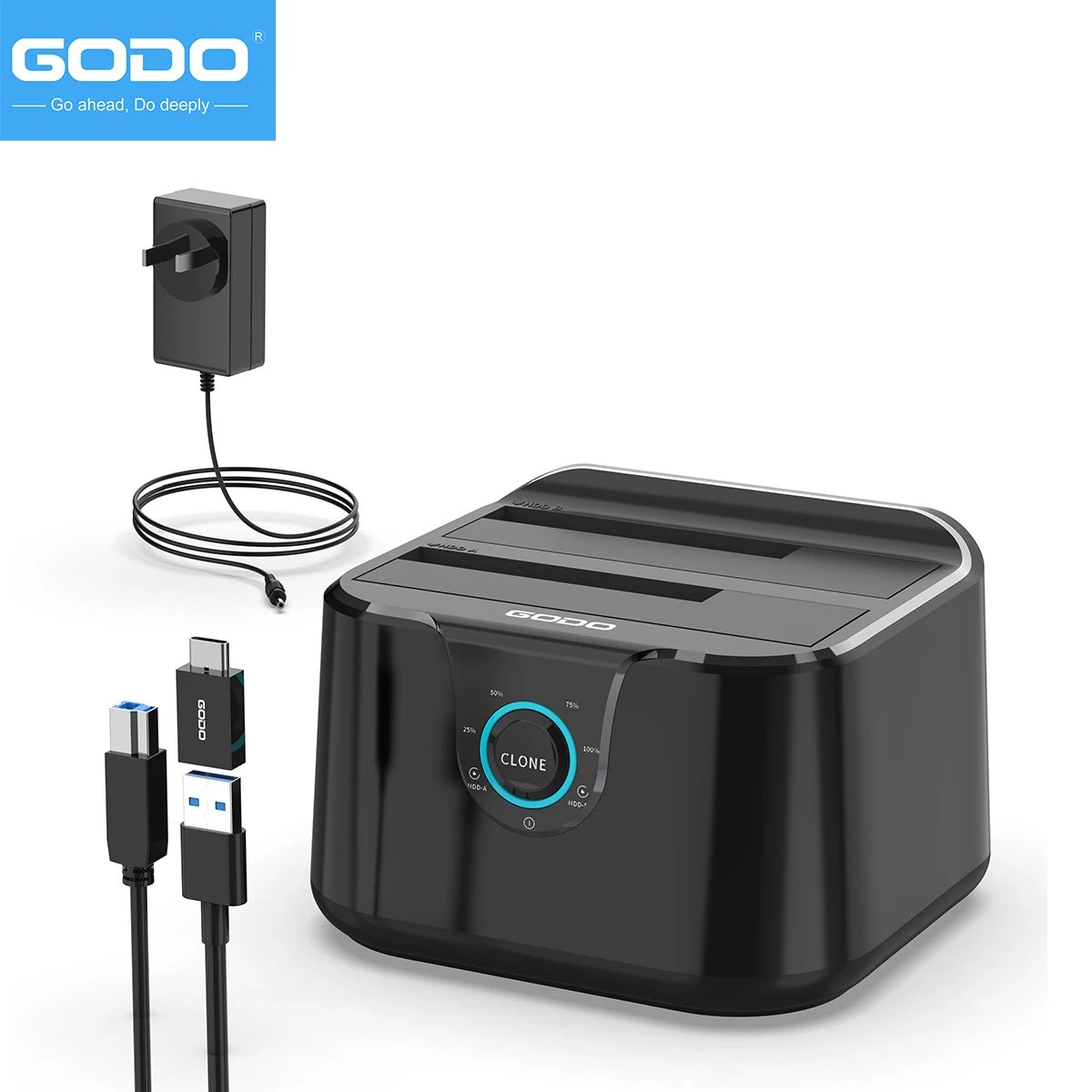 GODO Hard Drive Docking Station to USB 3.0 Type C ,Dual Bay Hard Drive Dock for SATA 2.5 / 3.5 inch HDDs/SSDs with LED Indicator
