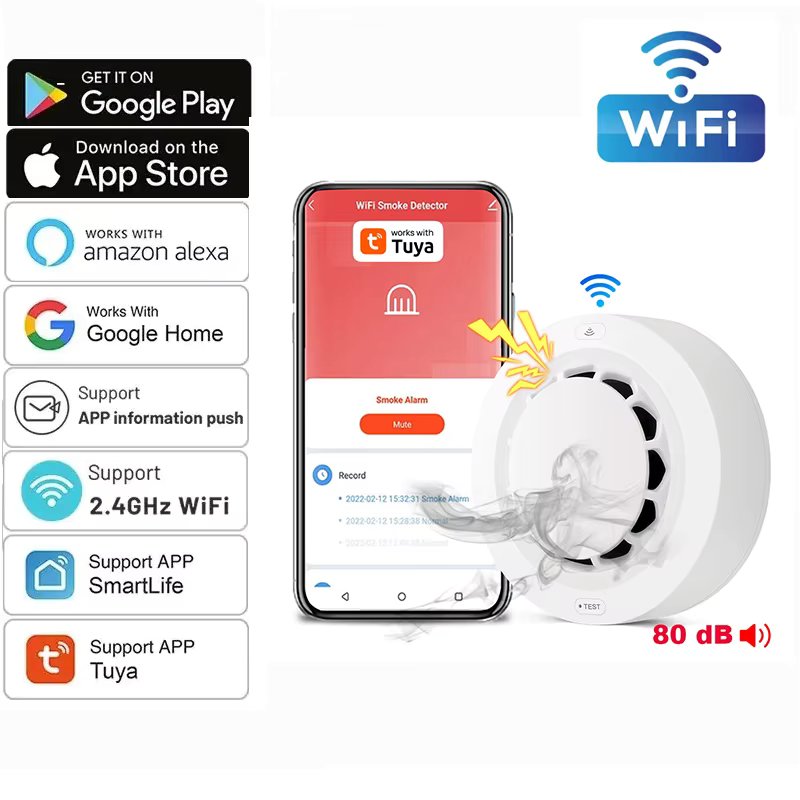 Tuya WiFi Smoke Alarm Fire Protection Smoke Detector Smoke House Combination Fire Alarm Home Security System Firefighters