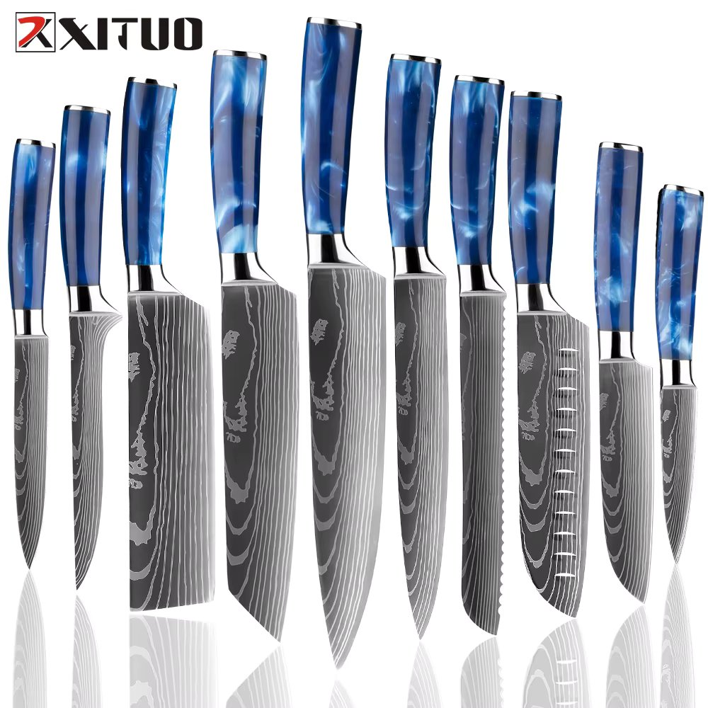 XITUO Chef knife 1-10PCS kitchen knives Santoku knife Resin handle Laser Damascus Steel pattern Sharp Cleaver Slicing Best gift
