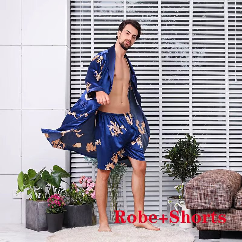 Large Size 4XL 5XL Men Satin Robe Set Dragon Print 2PCS Sleepwear Silky Nighty&Robe Set Male Casual Kimono Gown Loose Home Wear