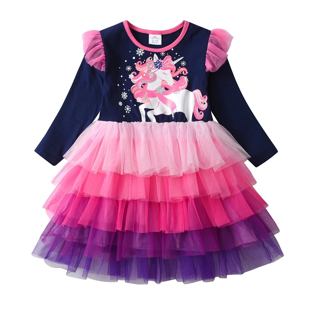 DXTON Winter Long Sleeve Girls Dress Unicorn Cotton Children Clothing Birthday Party Prom Kids Dress Layered Princess Tutu Dress