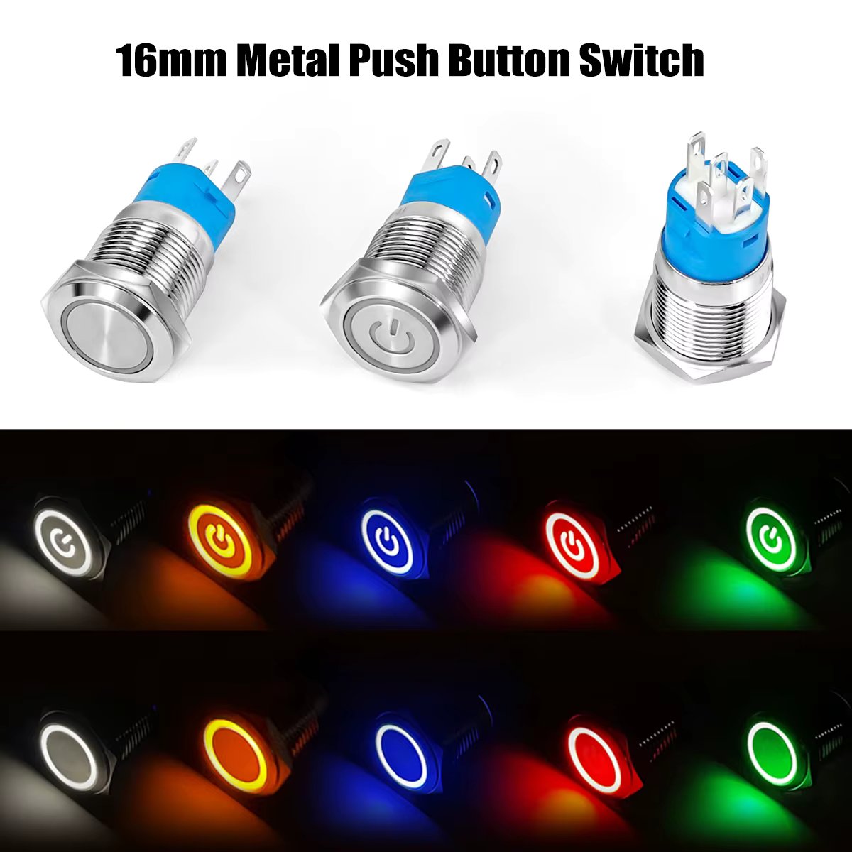 16mm Metal Push Button Switch  Ring Lamp Power Symbol Waterproof  LED Light Self-reset/Lock ON-OFF Momentary Latching Button