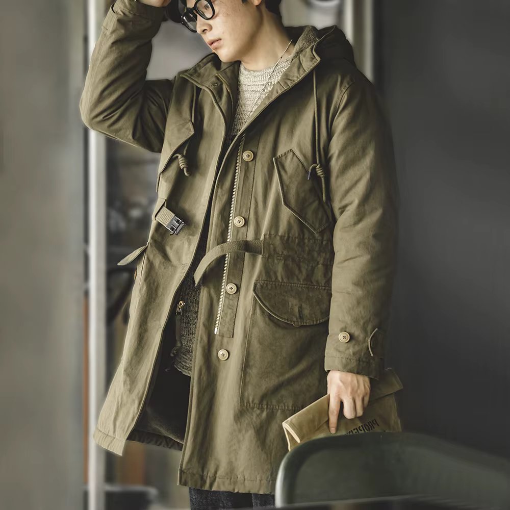 Maden Heavyweight M47 Parka for Men Mid-length Thickened Hooded Coat Adjustable Cuffs Winter Warm Fleece-lined Cotton Jacket