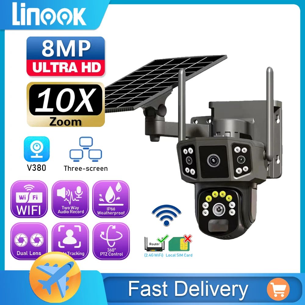 Linook 10X,V380,4K dual lens,outdoor security network camera,4G sim solar camera,wireless WIFI solar closed-circuit television