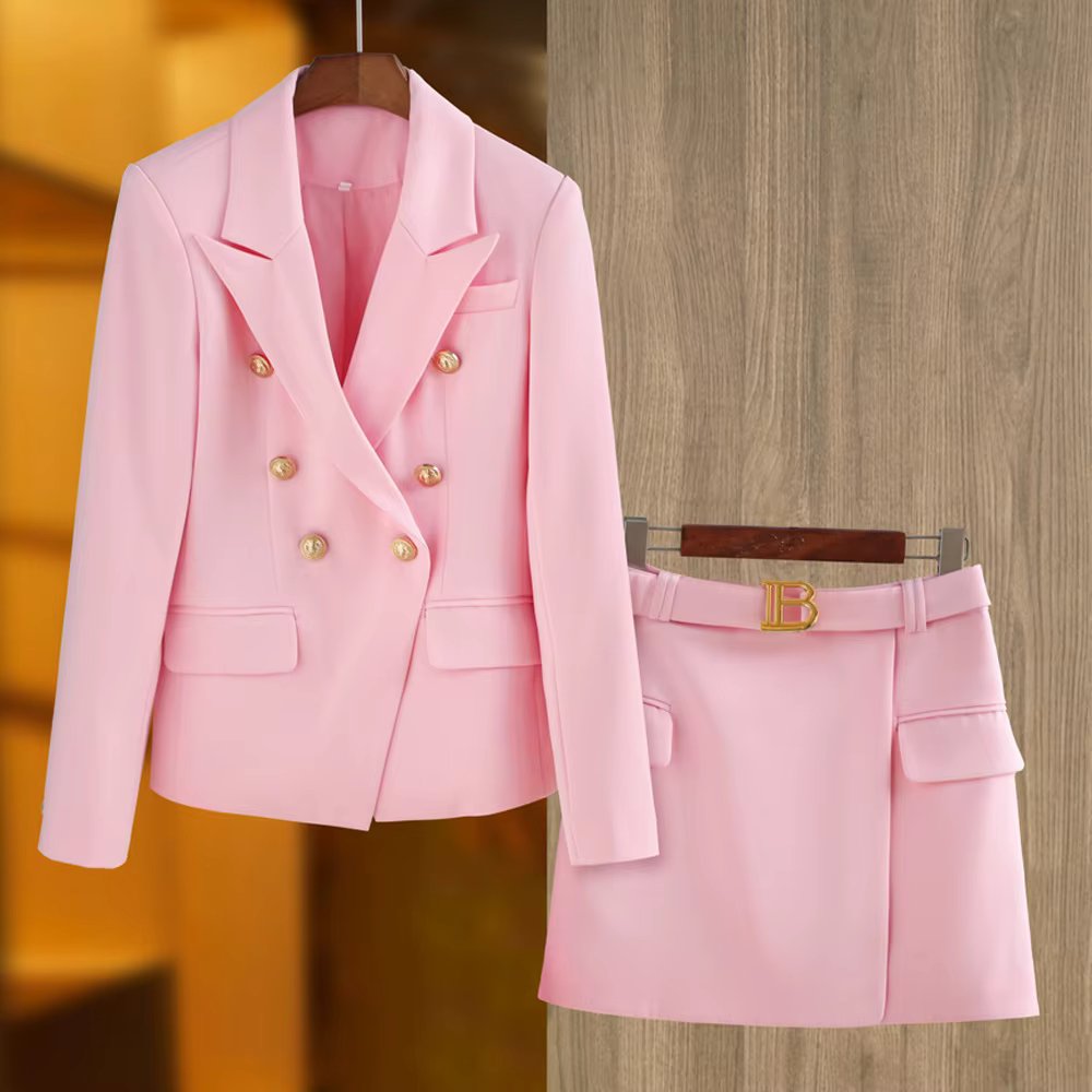 New Arrival Elegant Style Lady Office Work Suit Double-breasted Long Sleeve Fitted Blazer A-line Pencil Mini Skirt Women 2Pcs