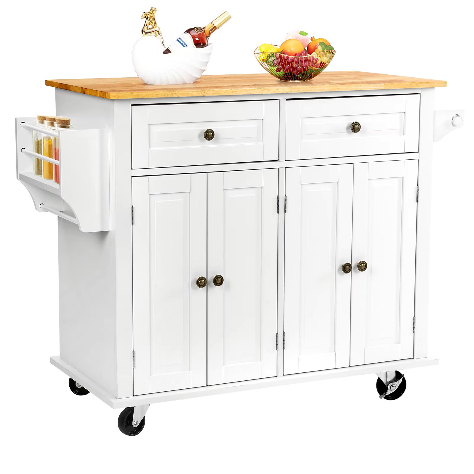 VOWNER 43" Kitchen Island Cart on Wheels, 2 Drawers Storage Cabinet Kitchen Cart with Rubberwood Countertop, Rolling Kitchen Isl