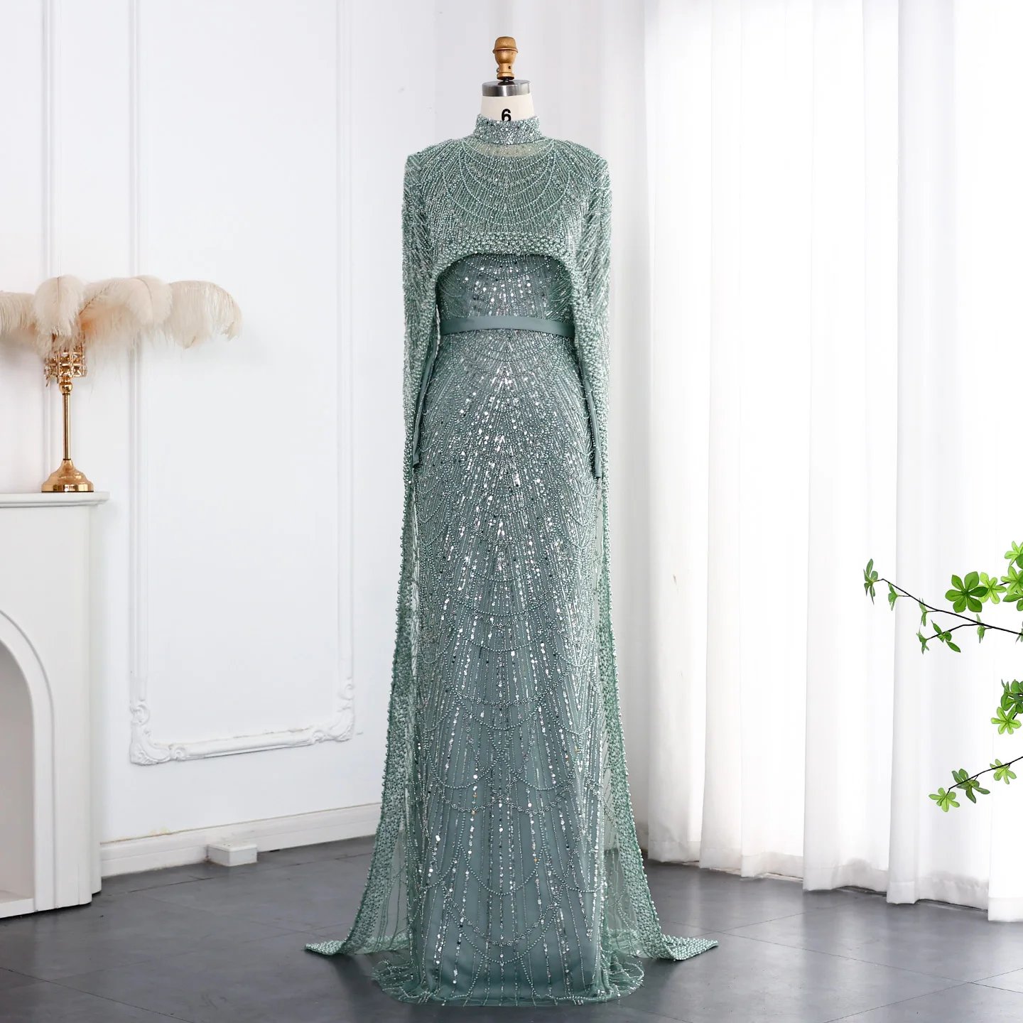 Sharon Said Dubai Nude Luxury Long Sleeves Muslim Evening Dress with Cape Women Wedding Special Occasion Gowns SS369A Customized