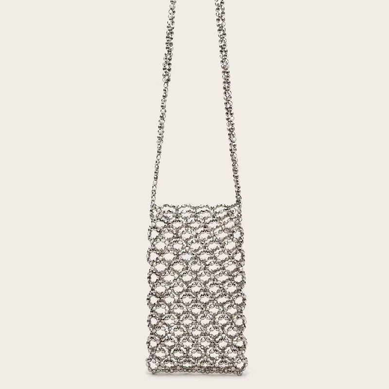 2022 Summer Silver Acrylic Hand-woven Beaded Bag Hollow Out Handmade Mobile Phone Messenger Bag Vertical Small Square Bag