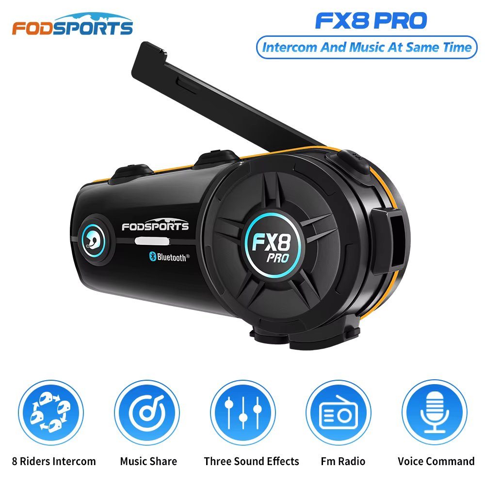 Fodsports FX8 Pro Motorcycle Intercom Bluetooth Helmet Headset,BT Interphone,8 Riders 2000M,Music Share,Dual Chip,FM Radio.