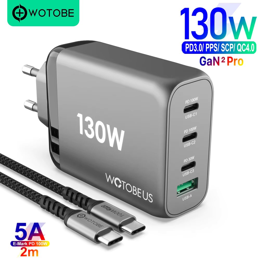 200W GaN 3 Pro USB-C Fast Charger, WOTOBEUS 4-port PD100W PPS 65W 45W QC5 for  iPhone 14 MacBook Samsung HP Dell Lenovo Laptops
